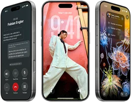 Tres modelos de iPhone 17 Pro, parte frontal, lado a lado, mostrando iOS 26, efecto de Liquid Glass y funcionalidad de Apple Intelligence