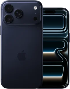 Lado a lado, iPhone 17 Pro Max, parte posterior, sistema de cámaras Pro, 3 lentes, micrófono, flash, acabado azul profundo, iPhone 17 Pro, parte frontal con diseño todo pantalla, acabado azul profundo