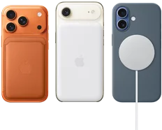 iPhone 17 Pro, parte posterior, color naranja cósmico, con una cartera de FineWoven con MagSafe en naranja zorro; iPhone Air, parte posterior, color oro claro, con batería Magsafe; iPhone 17, parte posterior, color azul neblina, con funda de silicón color azul ancla y cargador MagSafe